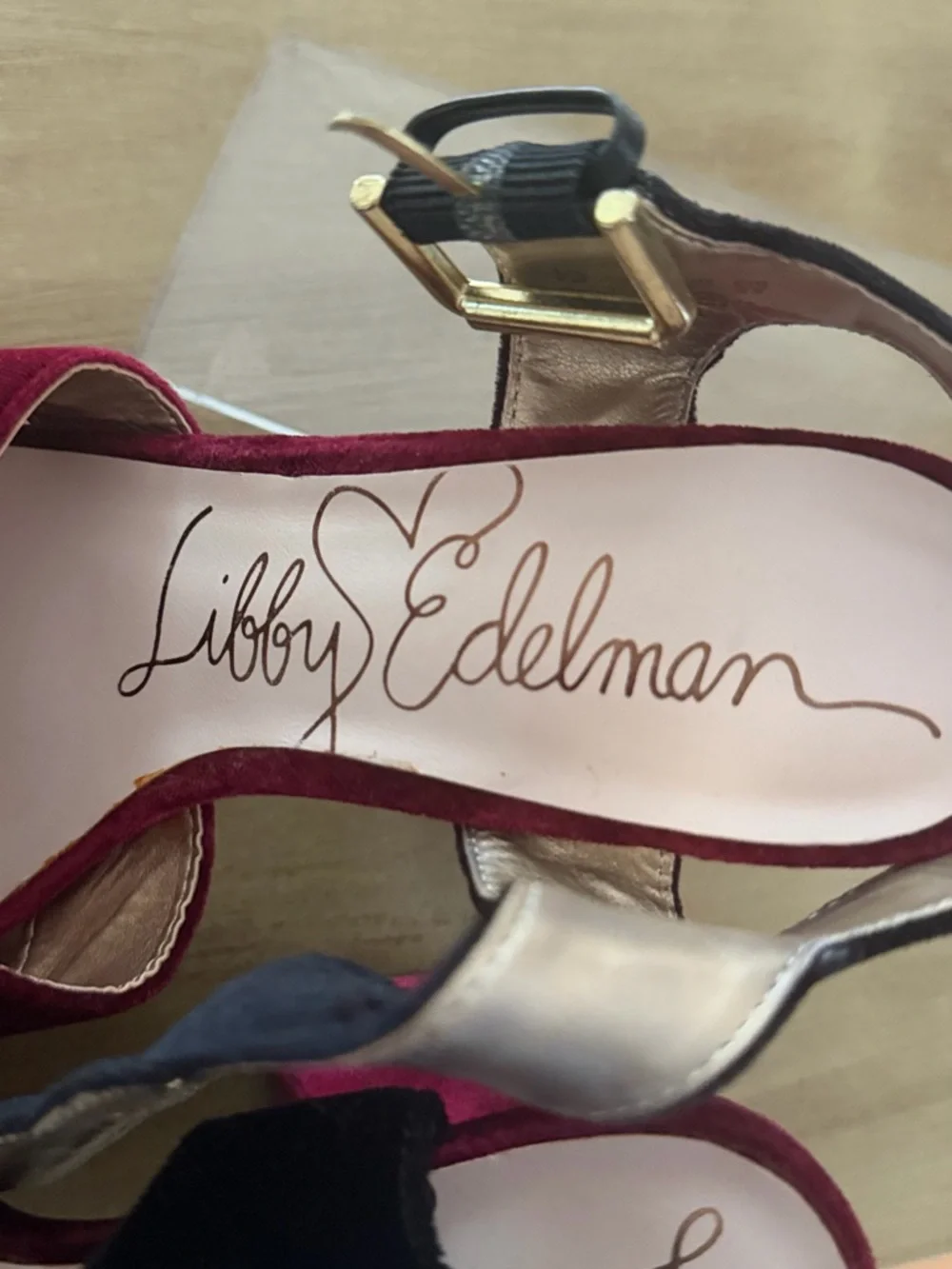 Libby. edelman Burgundy and Black Velvet Platform Block Heel Sandals - Picture 2 of 16